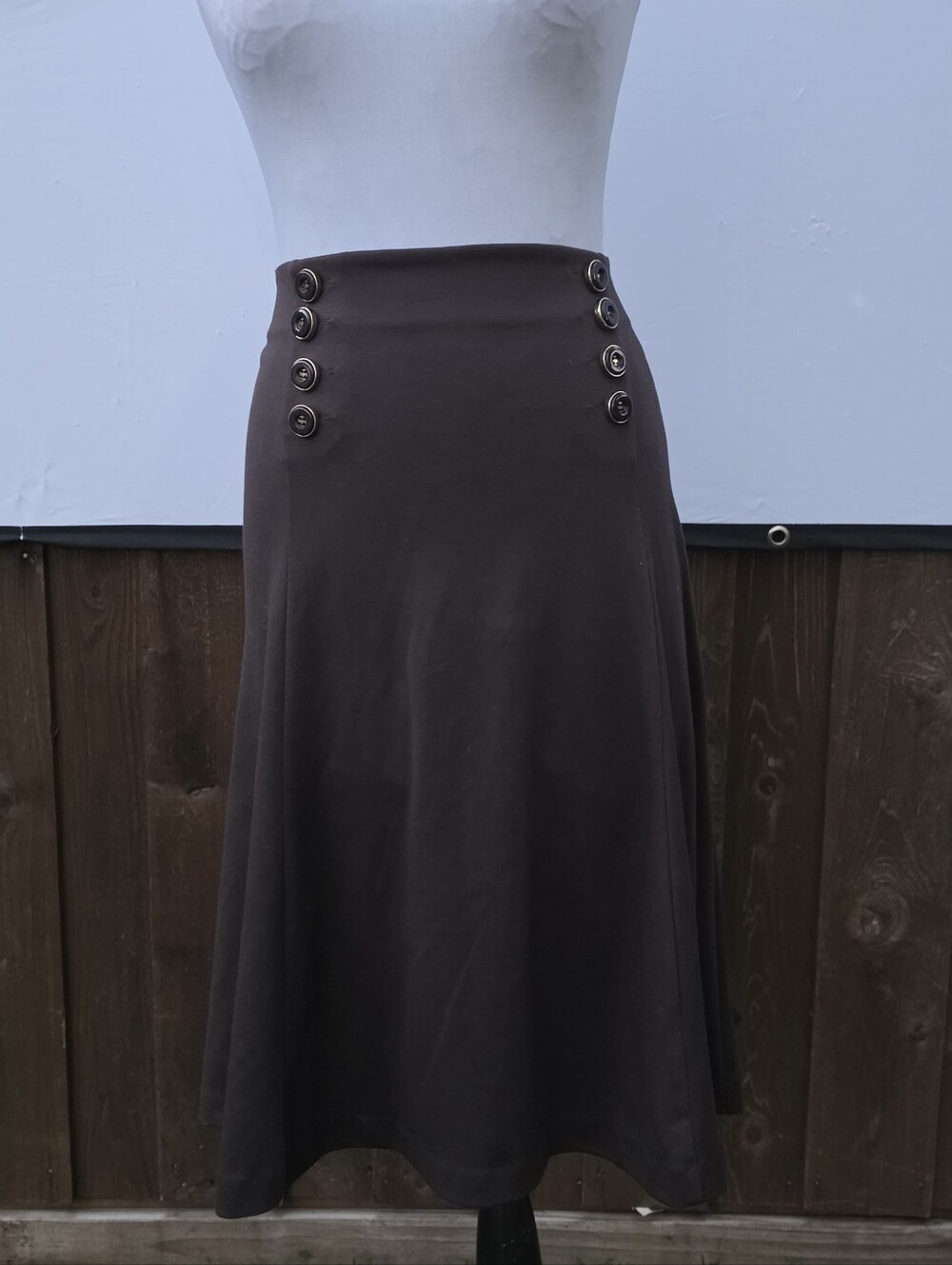 New York & Co High-Waist Dark Brown A-Line Midi Skirt with Button Detail - Picture 3 of 8